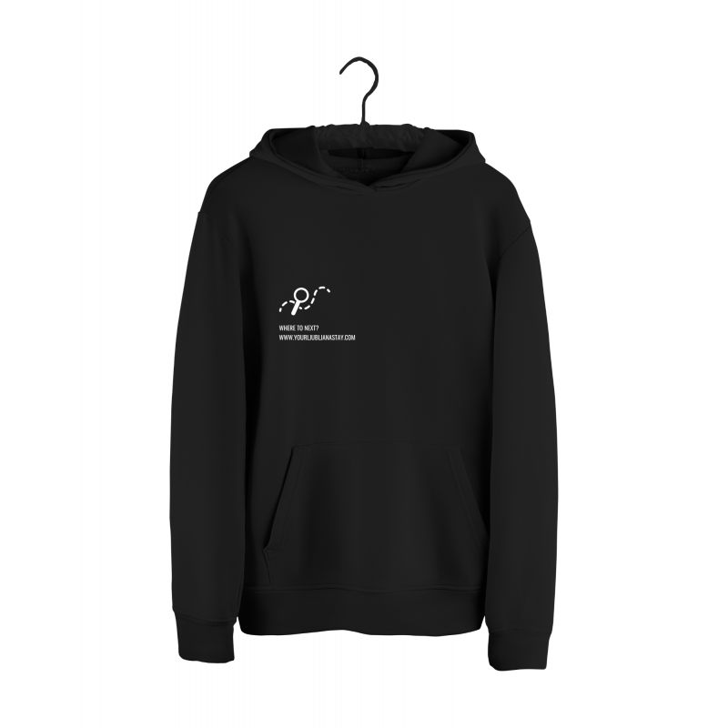 Pulover s kapuco v črni barvi "Kam pa naslednjič?" (unisex)