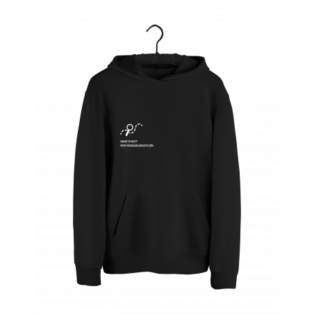 Pulover s kapuco v črni barvi "Kam pa naslednjič?" (unisex)