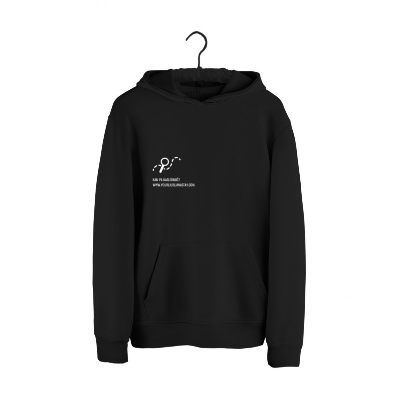 Pulover s kapuco v črni barvi "Where to next?" (unisex)